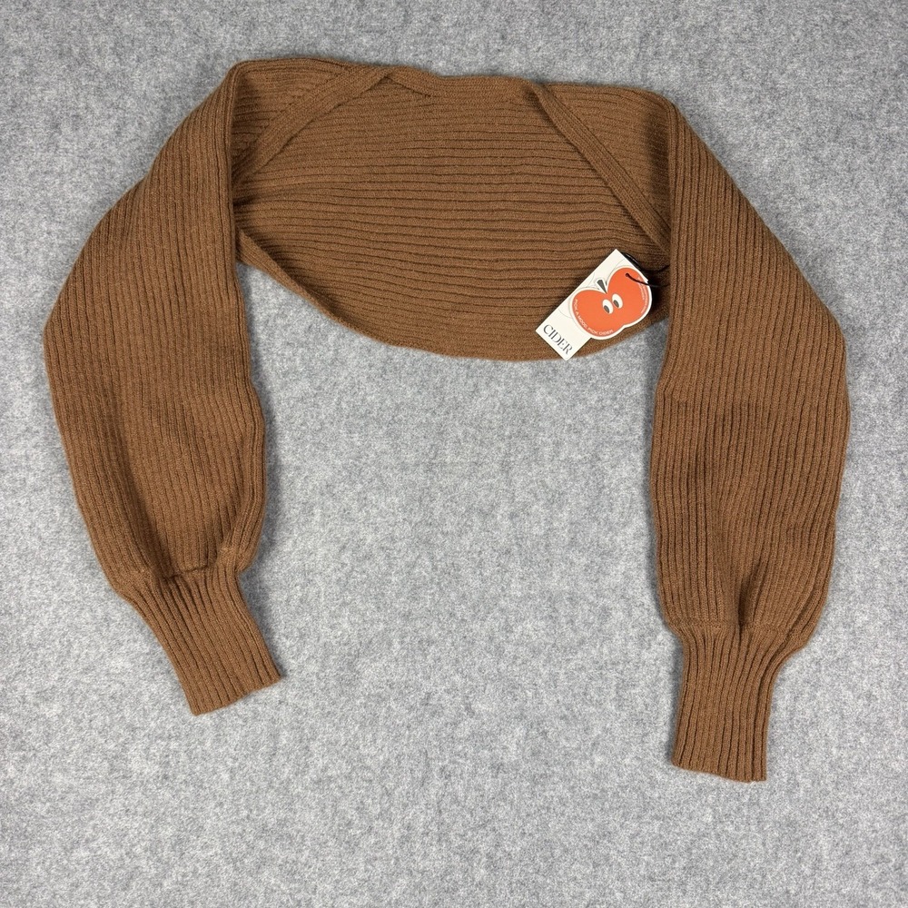 Cider Women's Brown Solid Rib-Knit Boat Neck Balloon Sleeve Cropped Sweater S